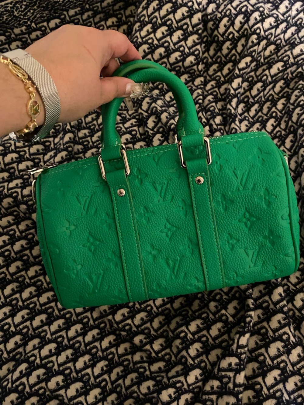 Louis Vuitton Green Embossed Speedy -Style Satchel
